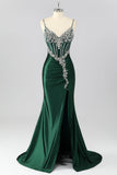Robe de soirée sirène vert foncé corset longue décorée de strass