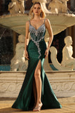 Robe de soirée sirène vert foncé corset longue décorée de strass