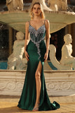 Robe de soirée sirène vert foncé corset longue décorée de strass