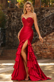 Petite robe de bal longue corset perlée aux volants de sirène rouge avec fente