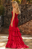 Petite robe de bal longue corset perlée aux volants de sirène rouge avec fente