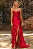 Petite robe de bal longue corset perlée aux volants de sirène rouge avec fente