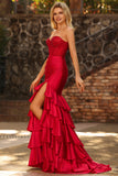Petite robe de bal longue corset perlée aux volants de sirène rouge avec fente