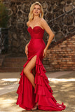 Petite robe de bal longue corset perlée aux volants de sirène rouge avec fente