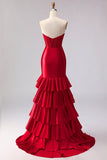 Petite robe de bal longue corset perlée aux volants de sirène rouge avec fente