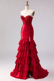 Petite robe de bal longue à volants et corset sirène rouge à perles et à volants