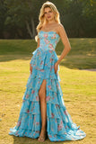 Corset bleu sans bretelles à A Line, robe de bal longue à fentes à volants et fente