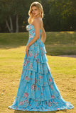 Corset floral à volants à niveaux A Strapless rose robe de bal longue avec fente