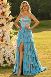 Corset floral à volants à niveaux A Strapless rose robe de bal longue avec fente