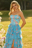 Corset bleu sans bretelles à A Line, robe de bal longue à fentes à volants et fente