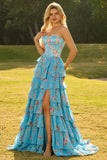 Corset floral à volants à niveaux A Strapless rose robe de bal longue avec fente