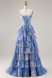Corset A-line bretelles bleu foncé, corsage fleuri à fleurs et jupe à volants en mousseline