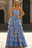 Corset bleu sans bretelles à A Line, robe de bal longue à fentes à volants et fente