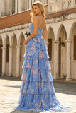 Corset bleu sans bretelles à A Line, robe de bal longue à fentes à volants et fente