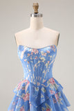Robe de soirée longue jaune ligne A bustier sans bretelles imprimé floral jupe en mousseline volantée