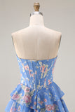 Robe de soirée longue jaune ligne A bustier sans bretelles imprimé floral jupe en mousseline volantée