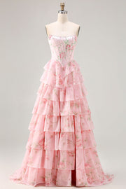 Corset rose sans bretelles A-line, corsage floral robe de bal avec jupe en mousseline à volants