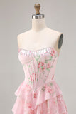 Corset rose sans bretelles A-line, corsage floral robe de bal avec jupe en mousseline à volants