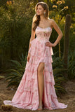 Corset floral à volants à niveaux A Strapless rose robe de bal longue avec fente
