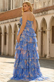 Corset Aline bretelé bleu foncé en chiffon floral robe longue grande taille avec volants