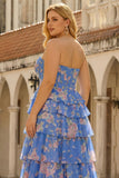 Corset Aline bretelé bleu foncé en chiffon floral robe longue grande taille avec volants
