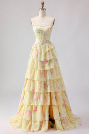 Corset jaune sans bretelles ligne A, corsage floral long robe de bal avec jupe en mousseline à volants