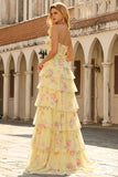 Robe de soirée longue jaune ligne A bustier sans bretelles imprimé floral jupe en mousseline volantée