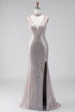 Robe longue formelle argentée sirène à col V avec paillettes