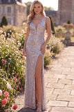 Robe longue formelle argentée sirène à col V avec paillettes