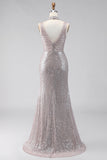 Robe longue formelle argentée sirène à col V avec paillettes