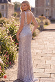 Robe longue formelle argentée sirène à col V avec paillettes