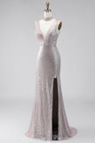 Robe longue formelle argentée sirène à col V avec paillettes