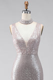 Robe longue formelle argentée sirène à col V avec paillettes