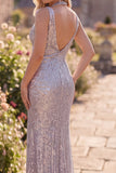 Robe longue formelle argentée sirène à col V avec paillettes