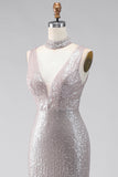 Robe longue formelle argentée sirène à col V avec paillettes