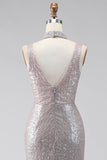 Robe longue formelle argentée sirène à col V avec paillettes