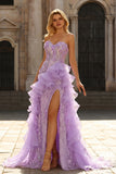 Robe de bal de promo longue à volants scintillants et motifs floraux 3D avec fentes latérales