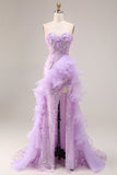Robe de bal de promo longue à volants scintillants et motifs floraux 3D avec fentes latérales