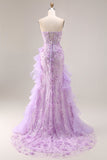 Robe de bal de promo longue à volants scintillants et motifs floraux 3D avec fentes latérales