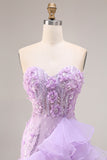 Robe de bal de promo longue à volants scintillants et motifs floraux 3D avec fentes latérales