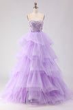 Corset Princess Bustless Purple Corset Pearls Longue robe de bal avec volants