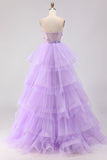 Corset Princess Bustless Purple Corset Pearls Longue robe de bal avec volants