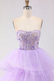 Corset Princess Bustless Purple Corset Pearls Longue robe de bal avec volants