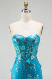 Corset sans anneaux à sequins sirène bleue avec des volants et une longue robe de bal avec des dentelles dans le dos