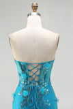 Corset sans anneaux à sequins sirène bleue avec des volants et une longue robe de bal avec des dentelles dans le dos