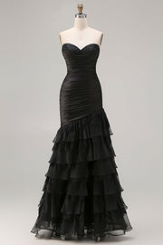 Robe de bal longue perlée en sirène noire avec volants