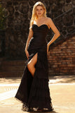 Robe de bal longue à volants à volants sirène noire avec fente