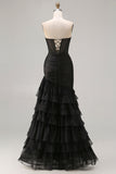 Robe de bal longue à volants à volants sirène noire avec fente