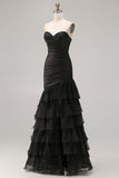 Robe de bal longue à volants à volants sirène noire avec fente