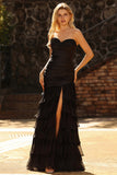 Robe de bal longue à volants à volants sirène noire avec fente